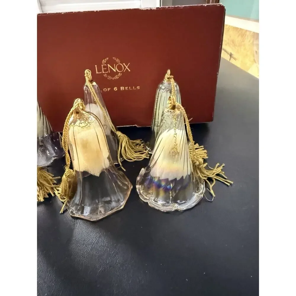 Lenox Set of 6 Crystal Bells Christmas Ornaments Tassel and Gold Rimmed MINT